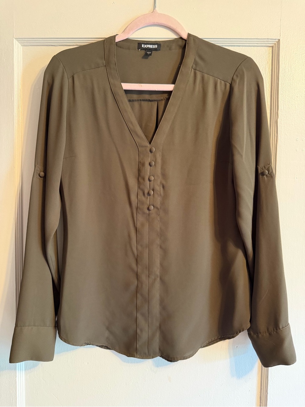 Express Olive Green V-Neck Button-Front Blouse